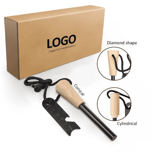 Importing from Chinese ferro rod suppliers: A Safe and Cost-effective Option for the UK Market 8 Ferro rod for sale with a conical wooden handle, a scraper, and a packaging box