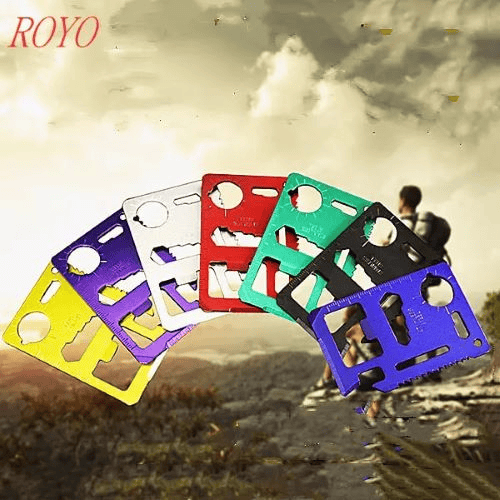 Survival card wholesale: survival multi-tool cards in seven colors and a man in the background.
