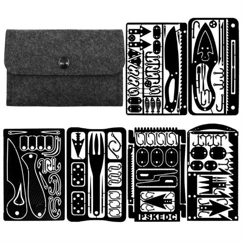 Survival card manufacturers: six pieces of black survival tool card and felt case on white background.