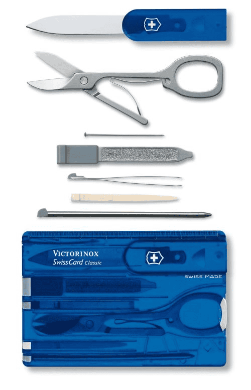 Survival card suppliers: the "Victorinox Swiss Card Blue" on white background.