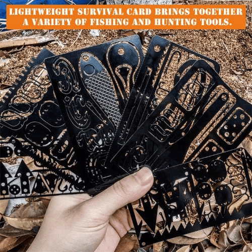 Survival card factory: hand holding multiple Baiyuheng Outdoor black survival cards.