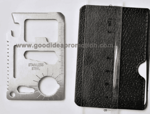 Importing Survival Card Bulk from China to the US: Tips, Considerations, and Potential Suppliers 13 Survival card suppliers: silver survival card and black leather holder on a white table.