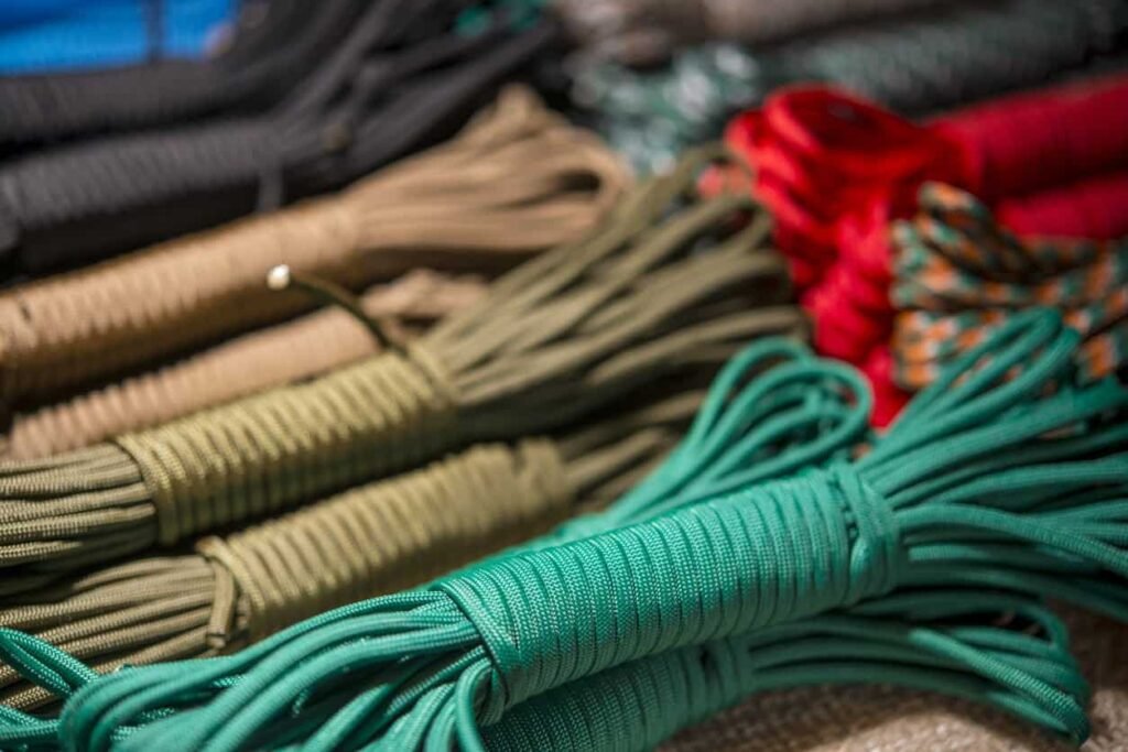 Paracord factory: paracord ropes in different colors.