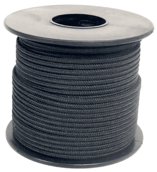 Paracord manufacturer: black paracord in spool on white background.