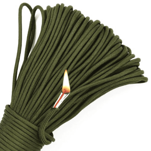 Paracord factory: army green paracord with a lit fire cord.