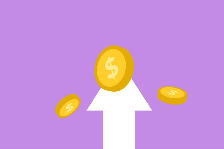 Paracord manufacturing: cutout paper composition of arrow and coins on purple background.