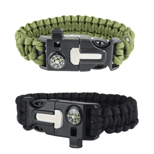 Paracord manufacturer: a black and an army green paracord survival bracelets on white background.