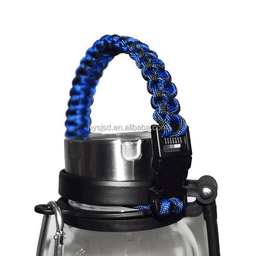 Paracord manufacturing: a water bottle with a blue paracord handle strap.