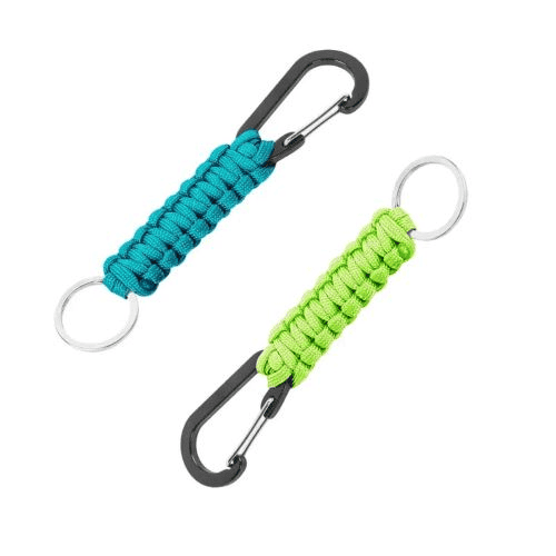 Paracord manufacturing: blue and green paracord key chains on white background.