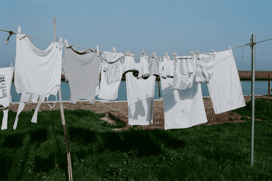Paracord manufacturer: linen hanging on clothesline on grassy seacoast.